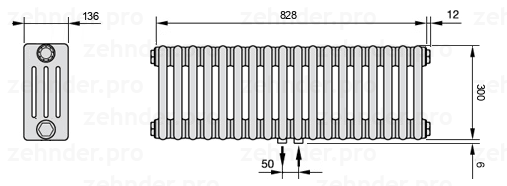 Схема (чертеж) Радиатор Zehnder Charleston 4030/18 №5410 Белый глянцевый RAL 9016